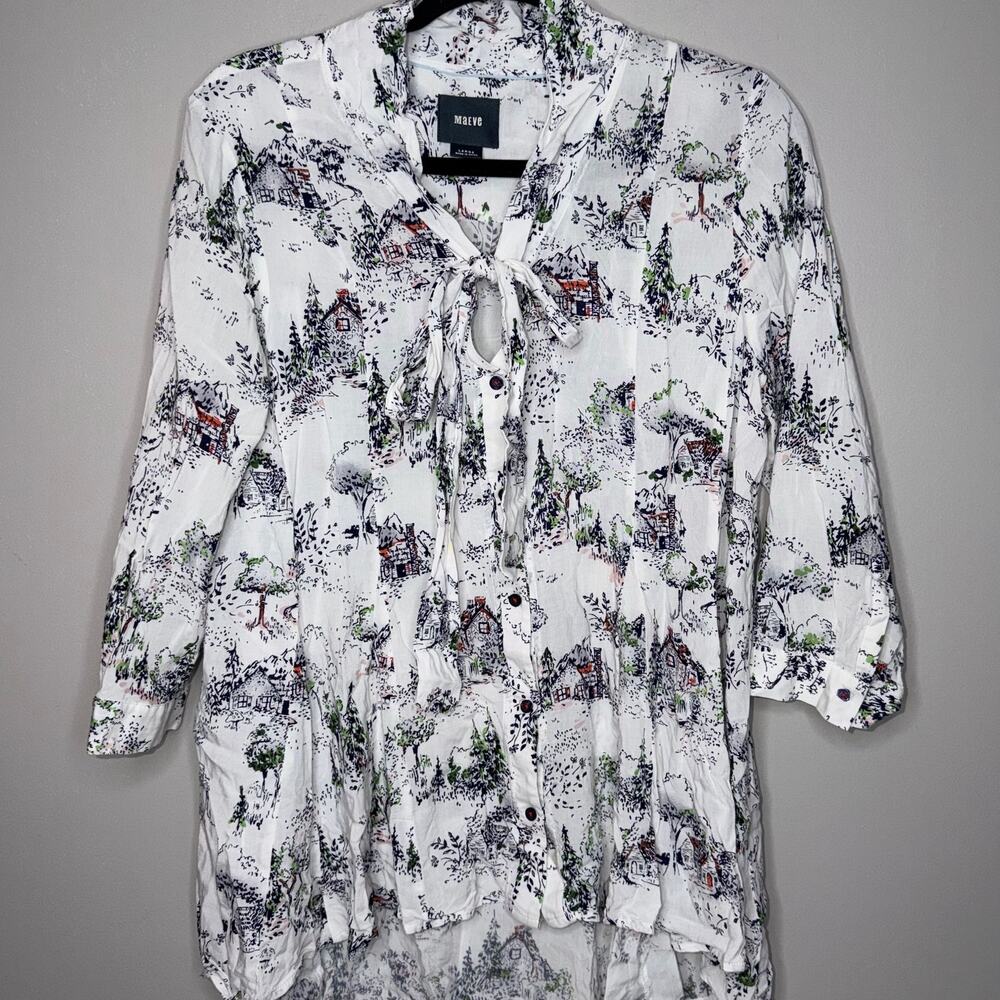 Maeve Anthropologie Women Large Button Down Top White Navy Blue Cottage Tie Neck